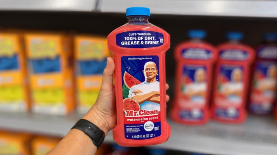 person holding mr. clean multi-surface cleaner bottle in spiced harvest scent in store