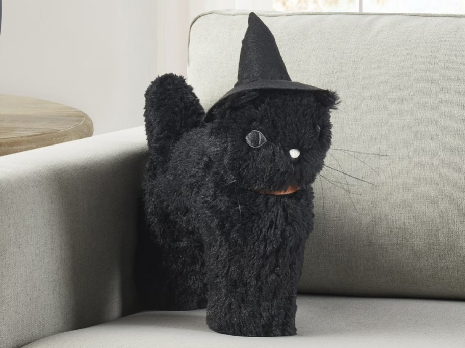 a black cat Halloween pillow on a sofa