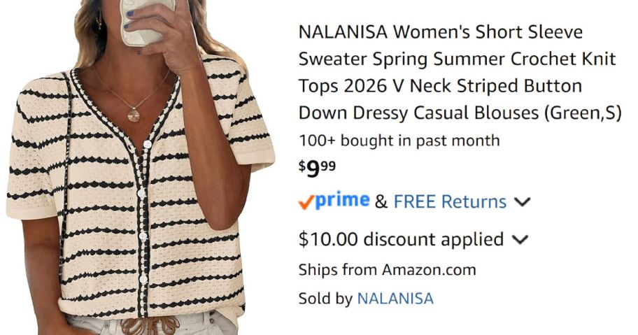 woman wearing striped sweater next to Amazon pricing information