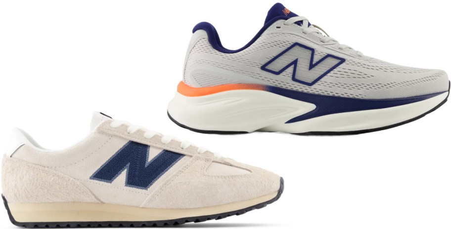 Two pairs of New Balance sneakers, featuring an off-white and blue retro suede model on the bottom and a light grey athletic model with navy and orange accents on top.