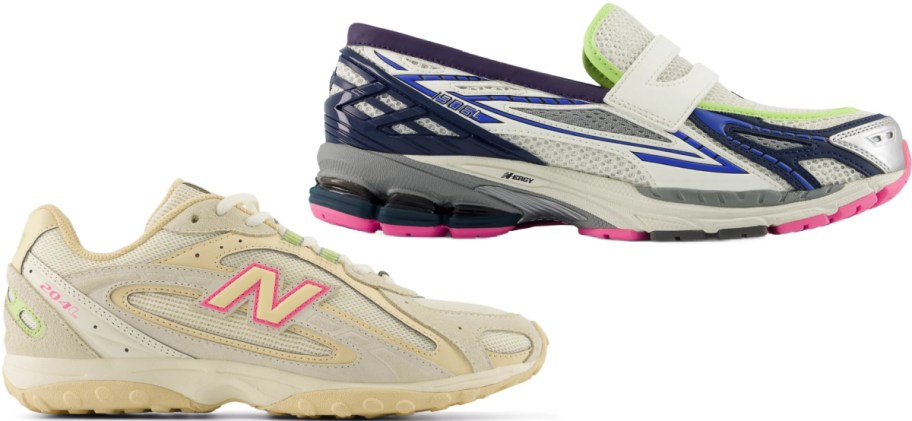 Two pairs of New Balance sneakers, featuring a cream and pink model on the bottom and a hybrid athletic-style loafer sneaker with blue, purple, and pink accents on top.