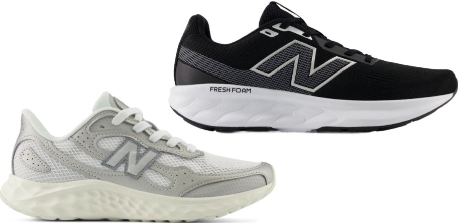 Two pairs of New Balance Fresh Foam sneakers, featuring a light grey and white model on the bottom and a black and white model on top.