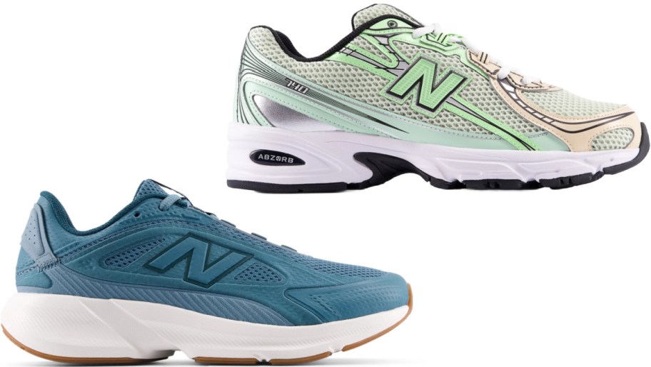 Two pairs of New Balance sneakers, featuring a light green and silver model on top and a blue model with a white sole on the bottom.