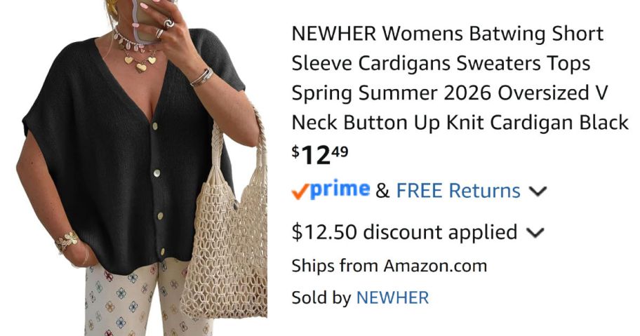 woman wearing black cardigan next to Amazon pricing information
