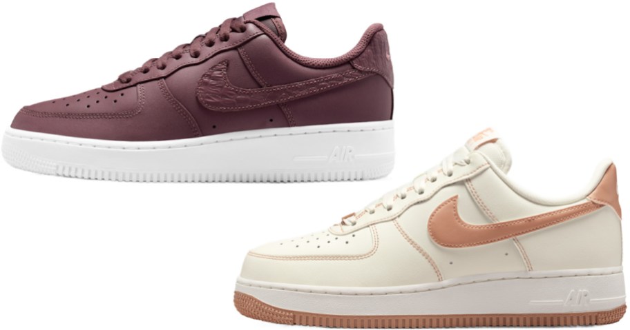Two pairs of Nike Air Force 1 sneakers displayed against a white background, featuring a plum-colored pair with a white sole on top and a cream-colored pair with a peach swoosh and gum sole on the bottom right.