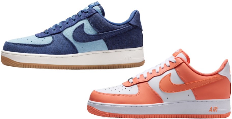 Two pairs of Nike Air Force 1 sneakers against a white background, featuring a blue denim and light blue pair with a gum sole on top, and a white and peach-orange pair on the bottom right.