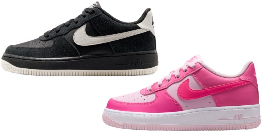 Two pairs of Nike Air Force 1 sneakers side-by-side on a white background, featuring a black suede pair with a white swoosh on top and a pink leather pair with a white sole on the bottom right.