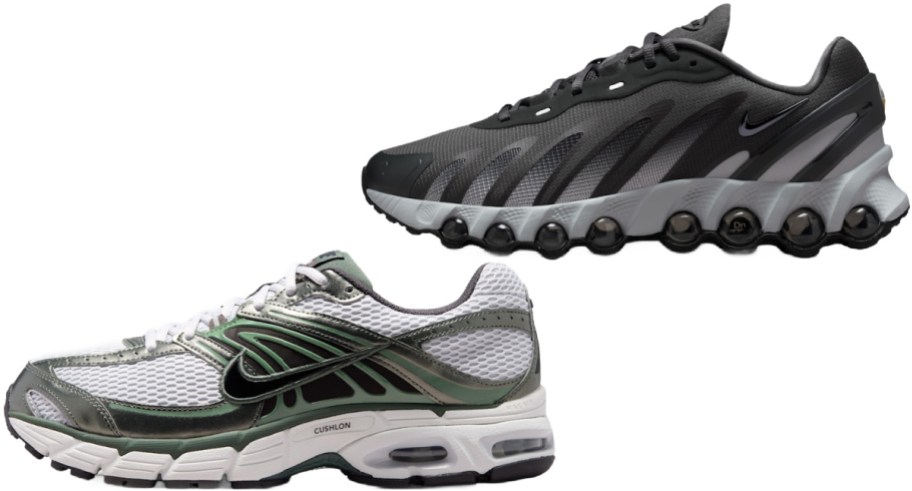 A pair of Nike sneakers, one dark gray and black with a chunky cushioned sole, and the other white and green with mesh paneling and a black swoosh.
