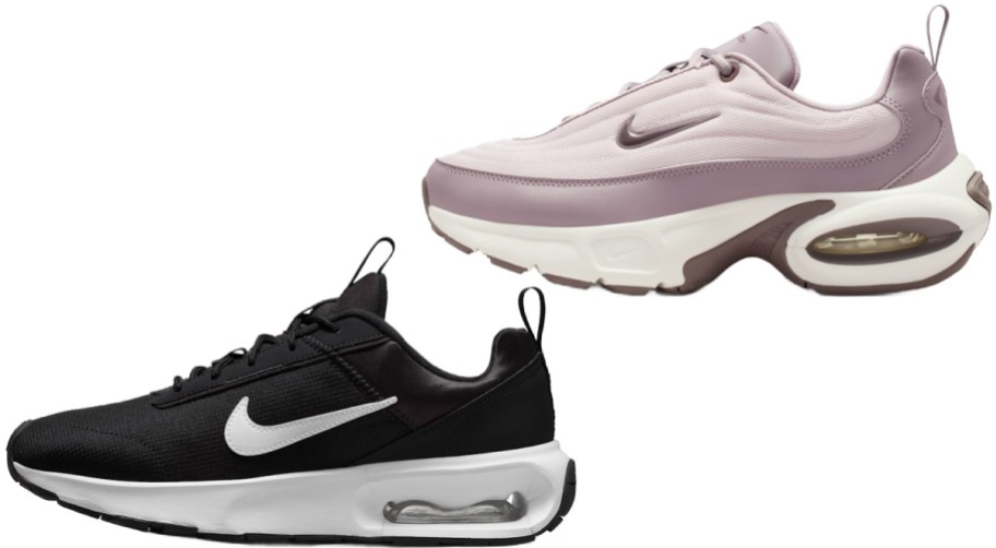A pair of Nike Air Max sneakers, one black with a white swoosh and sole, and the other mauve with a thick white and dark pink sole.