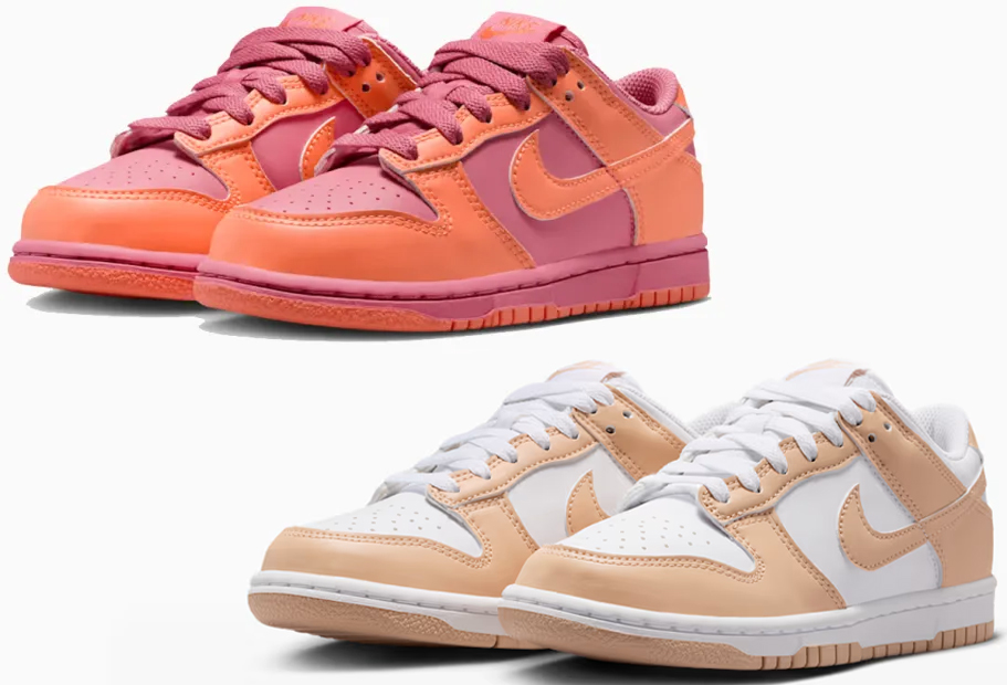 pink and orange and tan and white nike dunk shoes