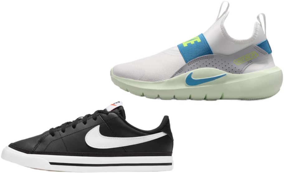 Two children's Nike sneakers: a white and grey slip-on shoe with a blue strap and light green sole, and a black lace-up shoe with a white swoosh and white sole.
