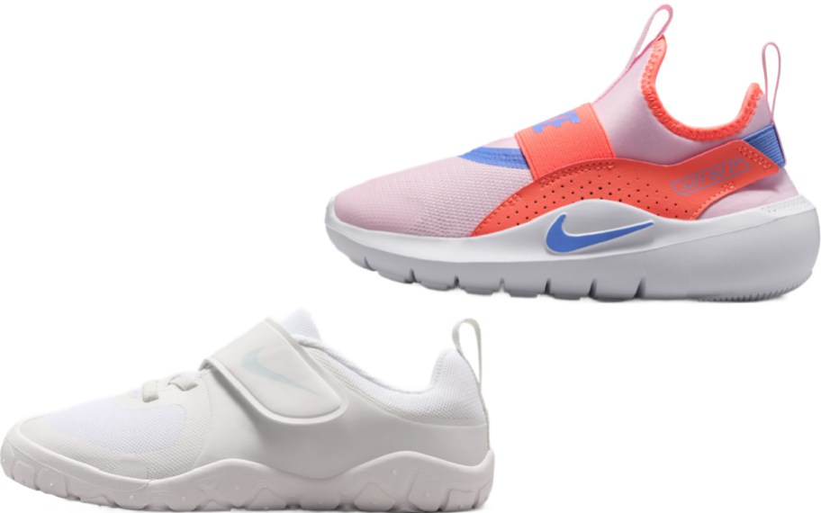Two children's Nike sneakers: a pink and orange slip-on shoe with a blue swoosh, and a solid white shoe with a velcro strap.