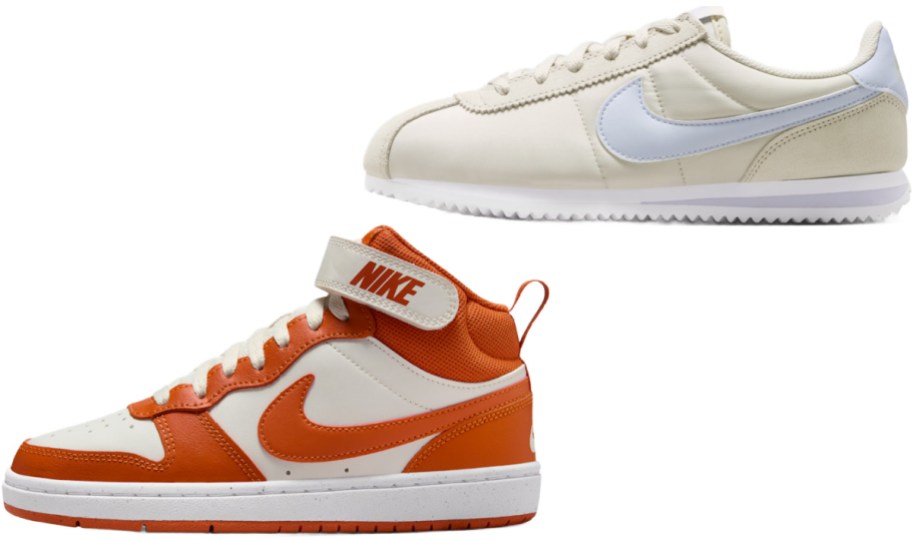 Two Nike sneakers: a cream-colored lace-up shoe with a light blue swoosh, and a white and orange mid-top shoe with a velcro strap.