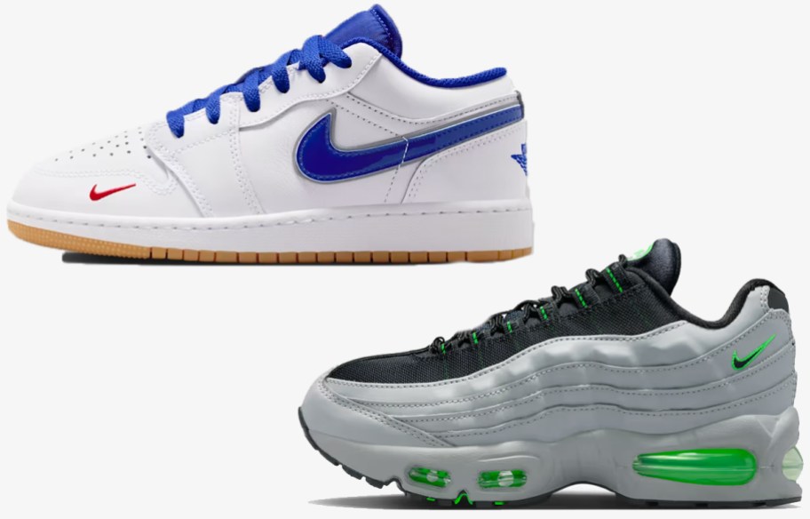 blue and white, and gray and black nike shoes