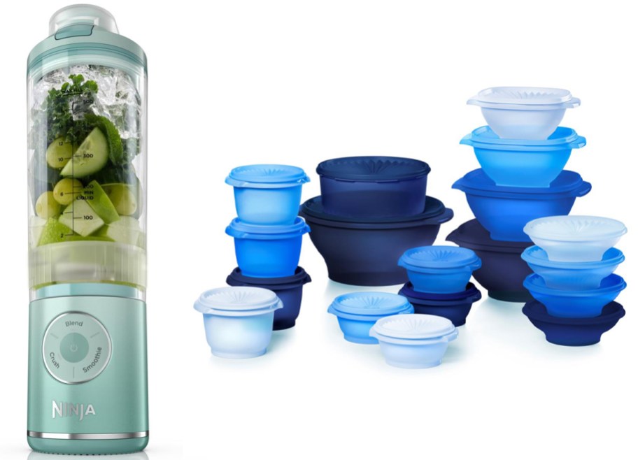 green ninja blender and blue tupperware containers