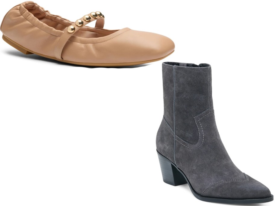 tan ballet slippers and blue boots 