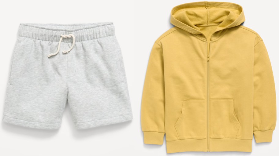gray shorts and yellow hoodie