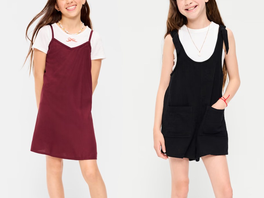 girls wearing red dress and black romper 