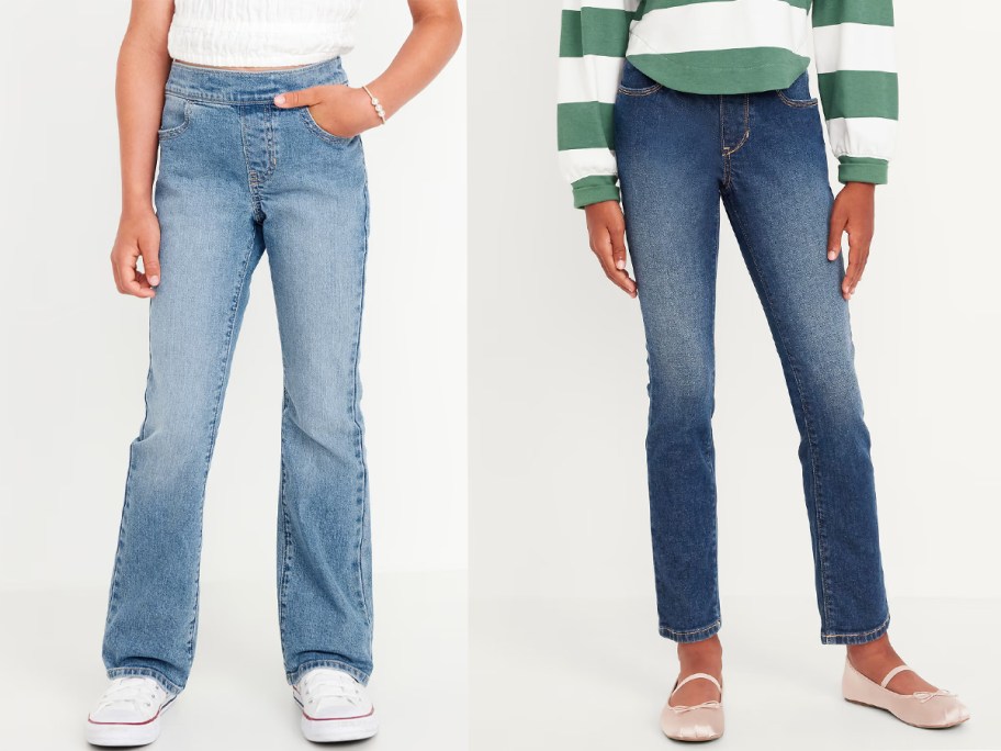two girls wearing blue jeans 