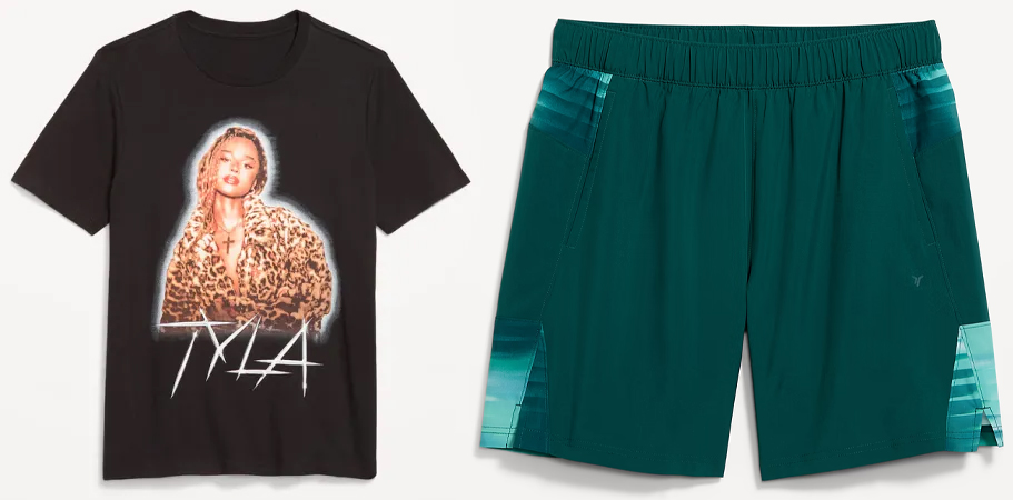 black tee and green shorts
