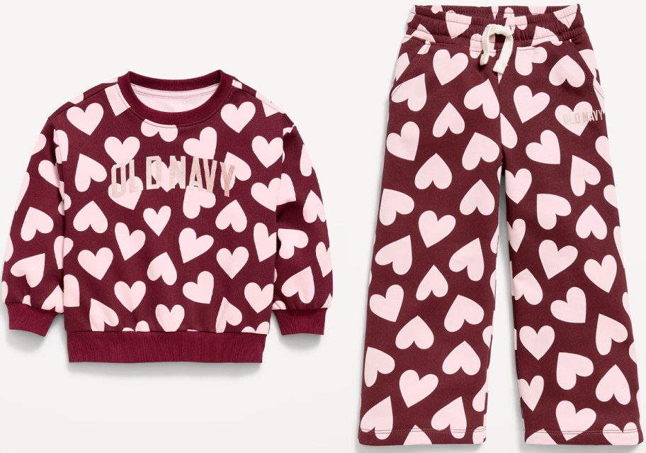 red and pink heart sweatshirt and pants 