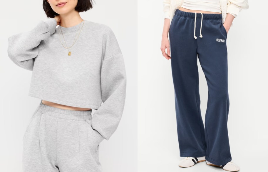 women wearing gray sweatshirt and blue pants