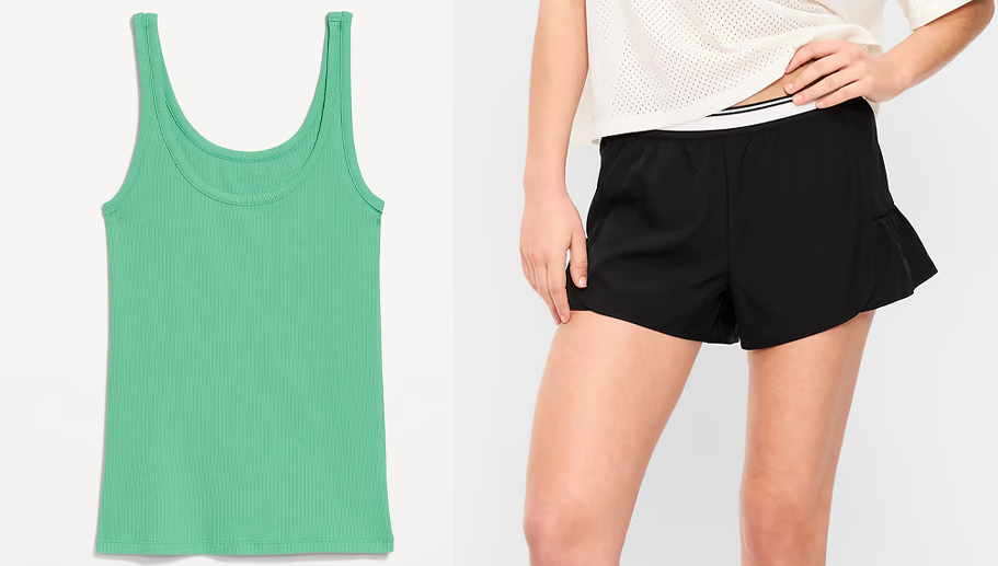 green tank and black shorts