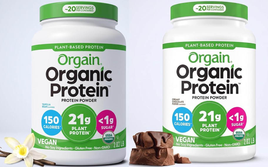 two containers of orgain protein powder 