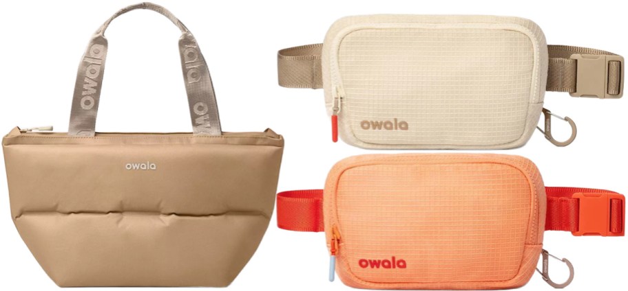 Three Owala bags: a tan puffy tote bag on the left, and two textured belt bags stacked on the right, one cream-colored and one bright orange.