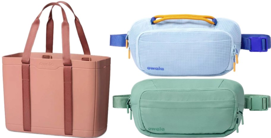 Three Owala bags: a structured dusty pink tote bag on the left, and two belt bags stacked on the right, one textured light blue with a yellow handle and one solid mint green.