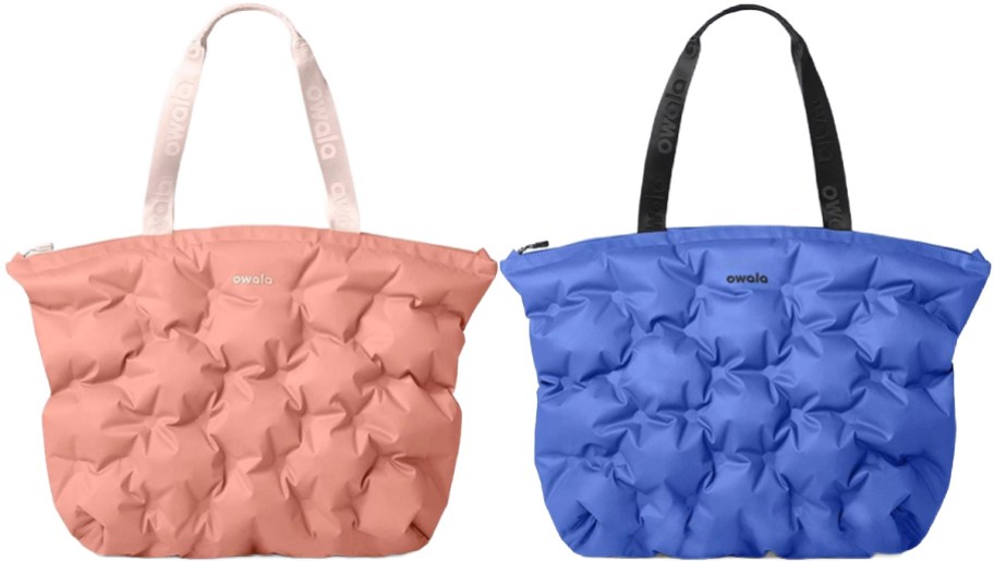 Two puffy, quilted Owala tote bags side-by-side: a pink bag with light pink straps and a blue bag with black straps.