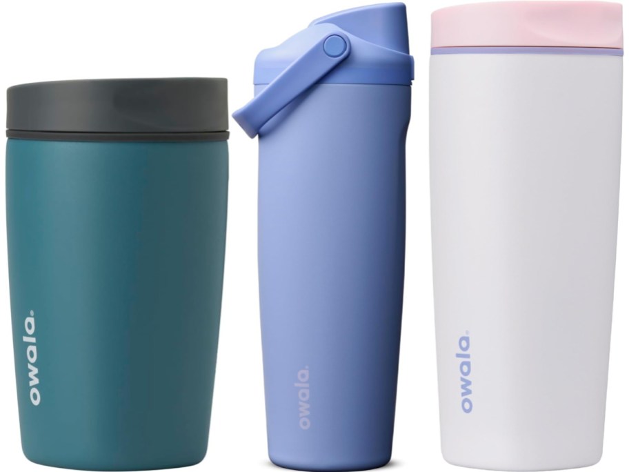 Three Owala drink containers against a white background: a dark teal tumbler with a dark grey lid, a periwinkle water bottle, and a white tumbler with a light pink lid.