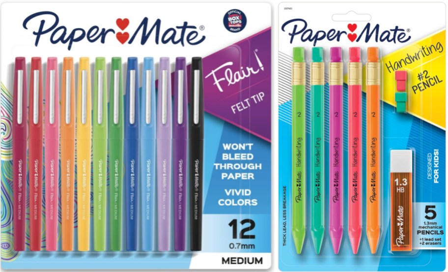 Two packages of Paper Mate stationery products including a 12-count pack of Flair felt-tip pens in assorted colors and a 5-count pack of 1.3mm mechanical pencils with extra lead and erasers.