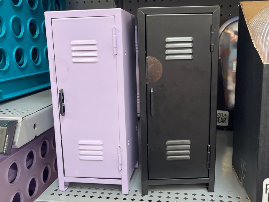 purple and black lockers on shelf 