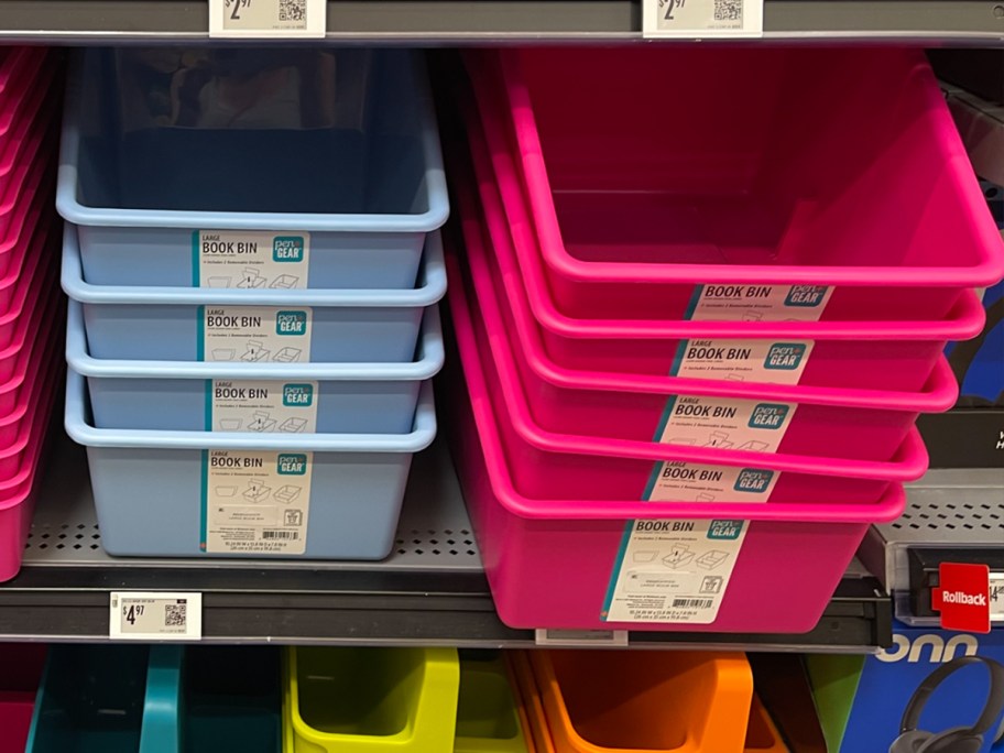 blue and pink book bins 