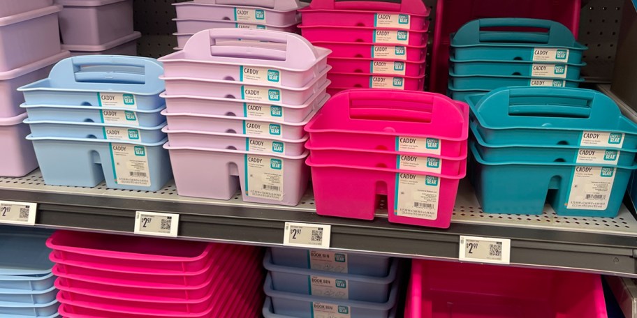 blue, purple, and pink caddys 