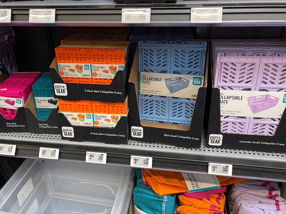 collapsible crates on shelf in store 