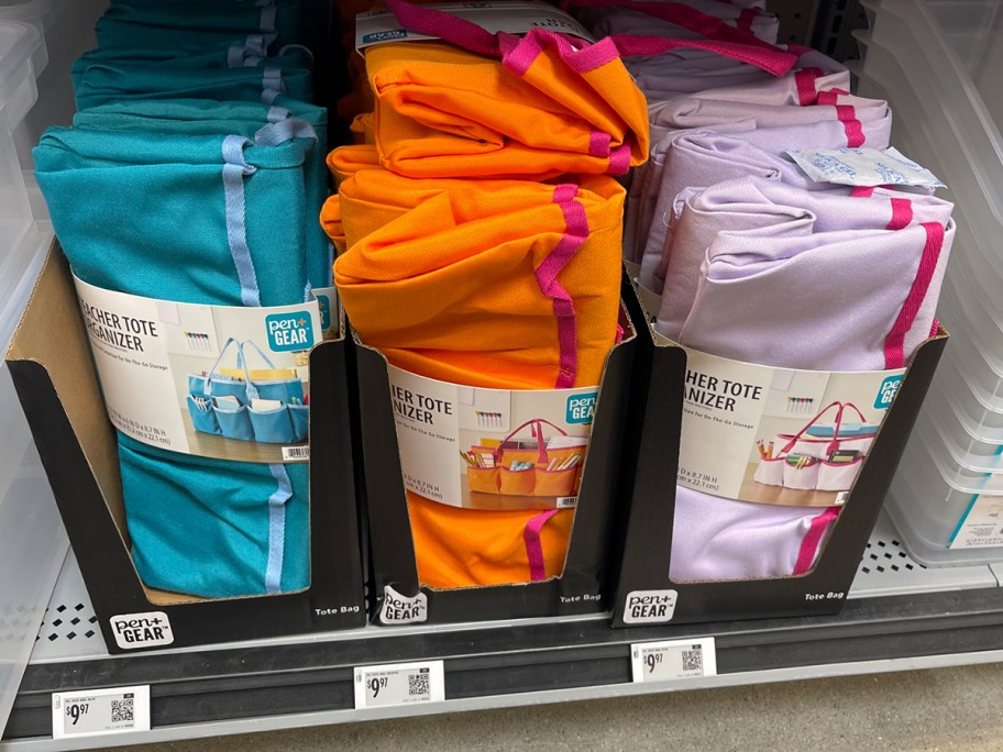 blue, orange, and purple teacher totes 