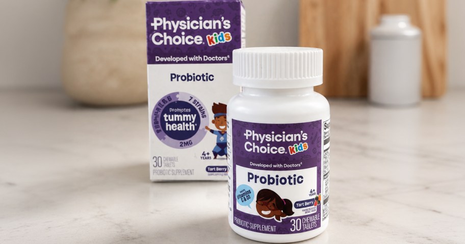 bottle of kids probiotics on a counter