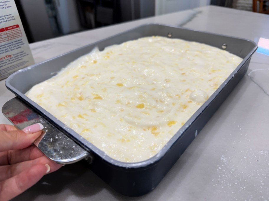 pineapple cake batter in the pan