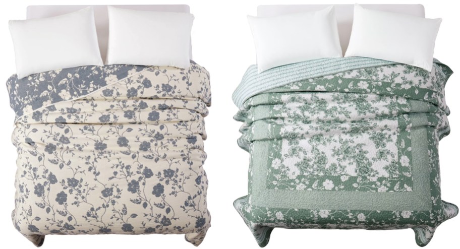blue and green comforters on beds