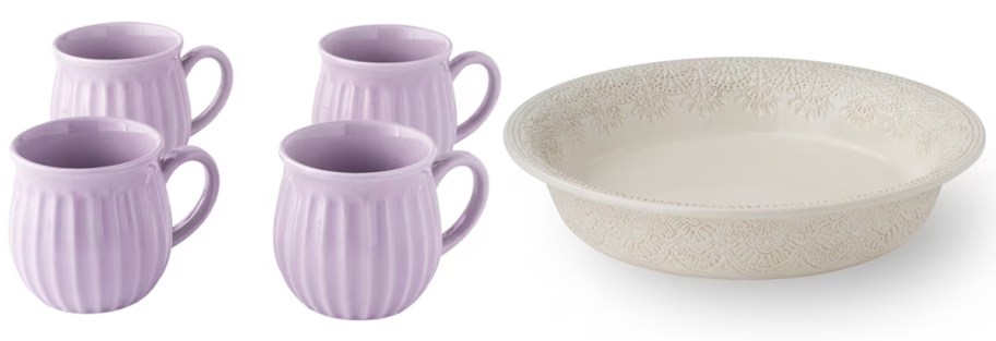 4 purple mugs and white dish