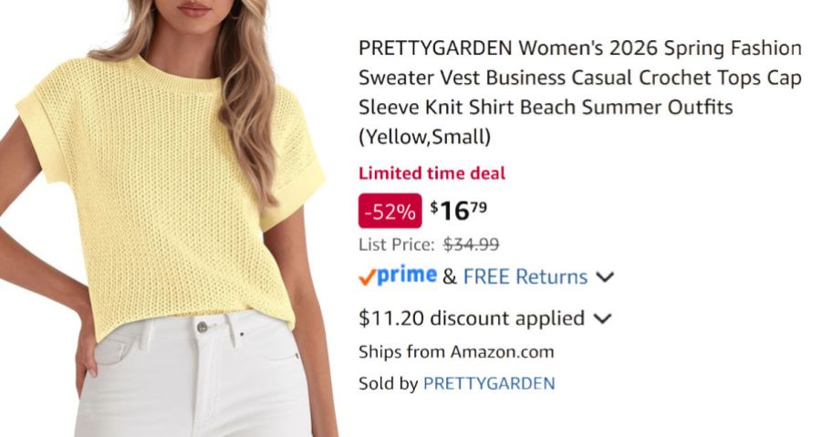 woman wearing yellow sweater next to Amazon pricing information