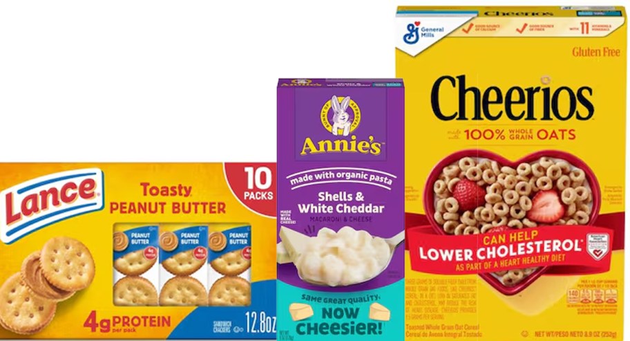 lance crackers, annies mac and cheese and cheerios cereal
