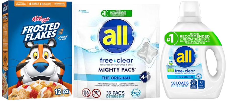 frosted flakes, all free and clear pacs bag and all detergent bottle 