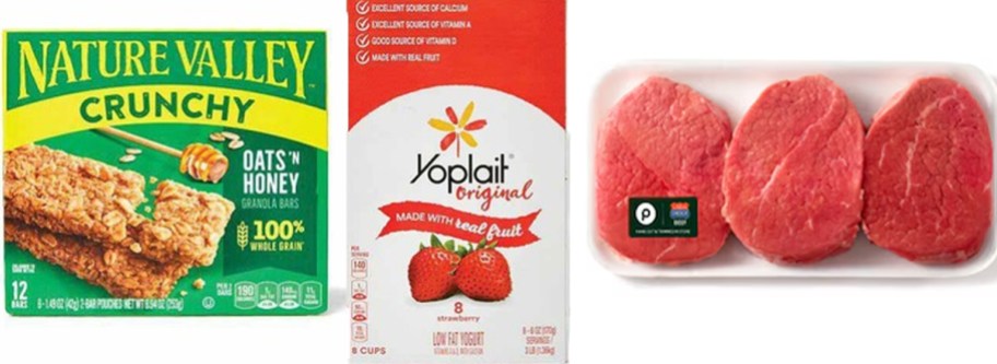 nature valley bars, yoplait yogurt, and steaks