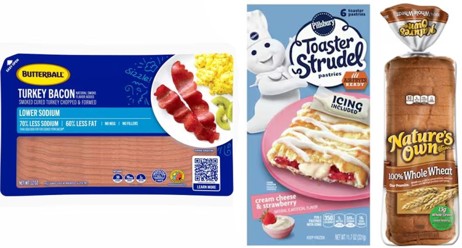 turkey bacon, toaster strudel and natures own bread 