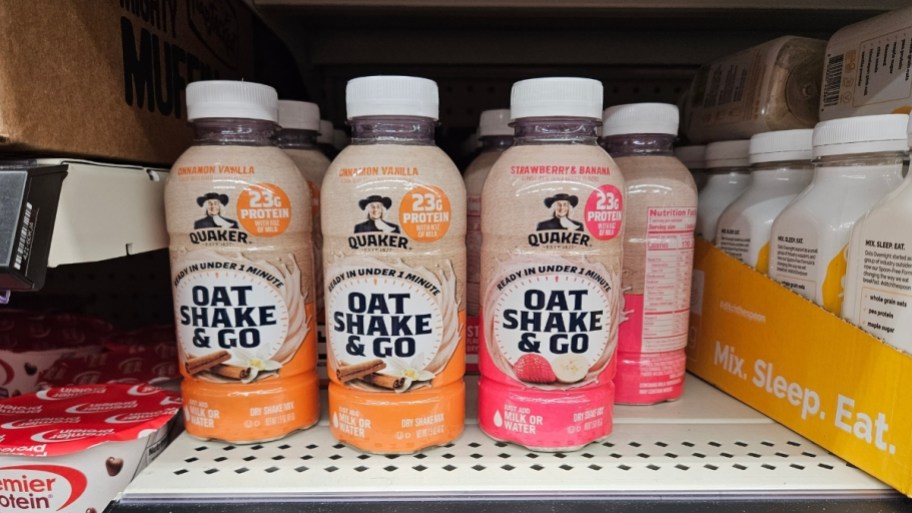 quaker oat chaker and go protein shakes on a store shelf