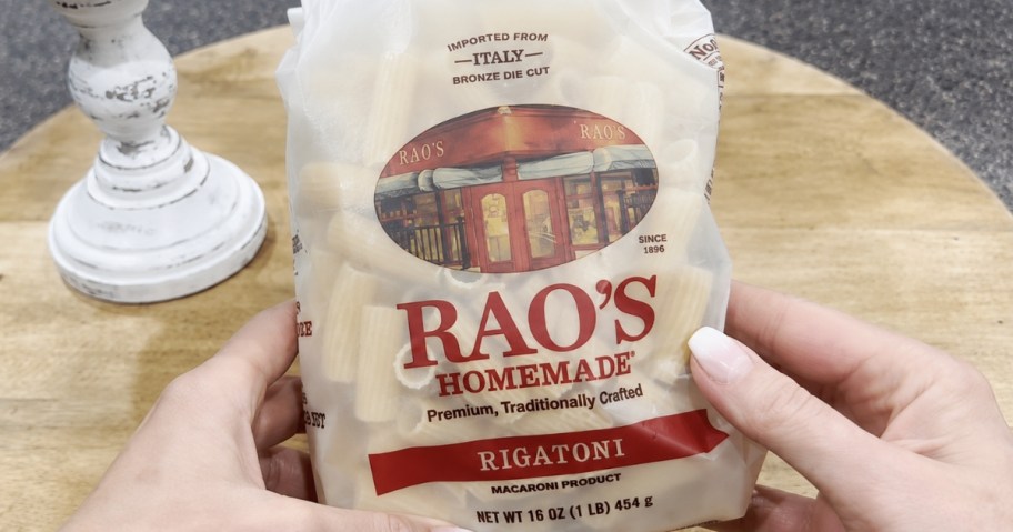 hand holding a bag of Rao's Homemade Pasta