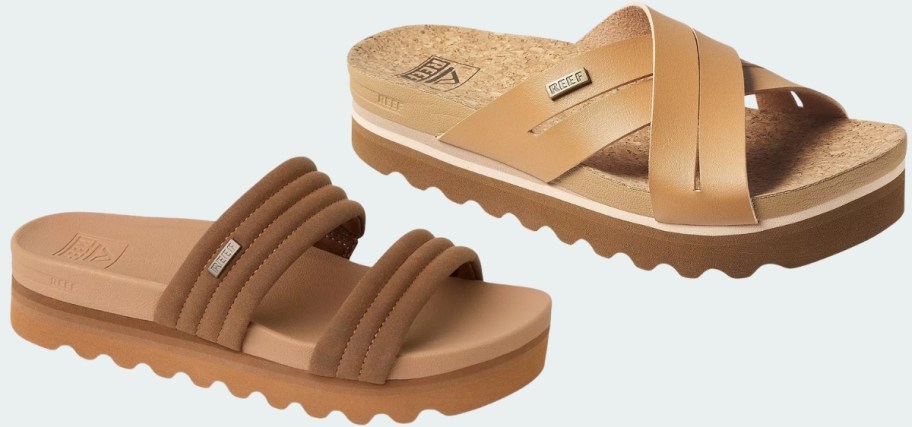 womens double strap slide sandals in chocolate and natural
